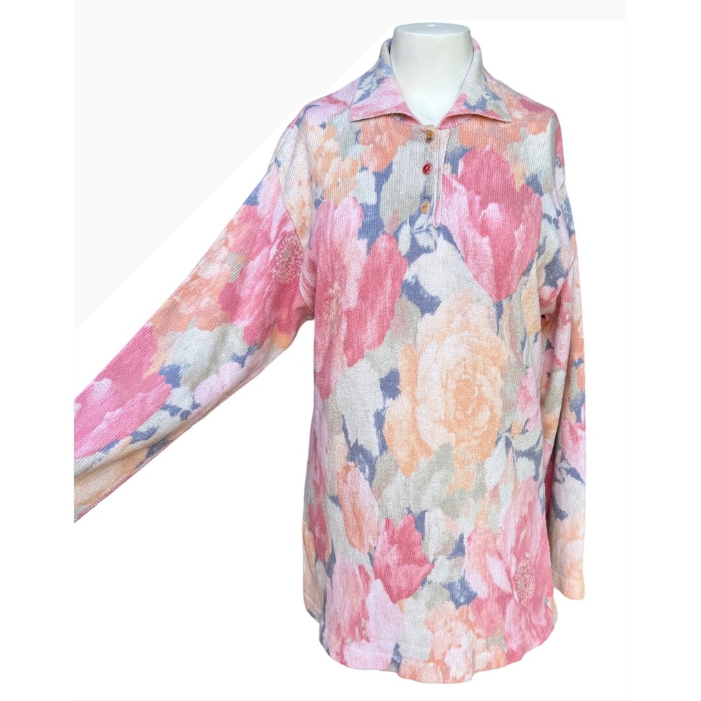 Gabriella T Italy Floral Knit Polo Sweater M Pink Orange Blue Vintage Retro 90s